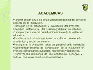 ACADÉMICAS
•Aprobar el plan anual de actualización académica del personal
docente de la institución.
•Participar en la planeación y evaluación del Proyecto
Educativo Institucional, del currículo y del plan de estudios.
•Estimular y controlar el buen funcionamiento de la institución
educativa.
•Establecer estímulos y sanciones para el buen desempeño
académico y social del alumno.
•Participar en la evaluación anual del personal de la institución.
•Recomendar criterios de participación de la institución en
eventos comunitarios, culturales, recreativos y deportivos.
•Promover las relaciones de tipo académico, deportivo y
cultural con otras instituciones educativas.
 