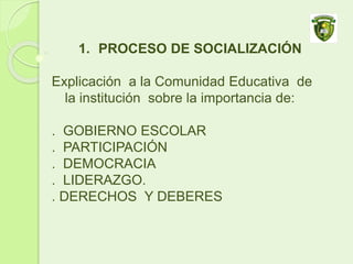 1. PROCESO DE SOCIALIZACIÓN
Explicación a la Comunidad Educativa de
la institución sobre la importancia de:
. GOBIERNO ESCOLAR
. PARTICIPACIÓN
. DEMOCRACIA
. LIDERAZGO.
. DERECHOS Y DEBERES
 