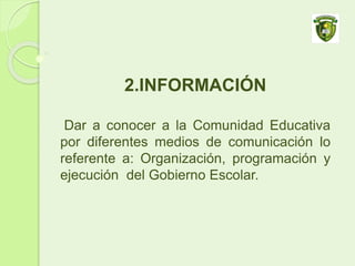2.INFORMACIÓN
Dar a conocer a la Comunidad Educativa
por diferentes medios de comunicación lo
referente a: Organización, programación y
ejecución del Gobierno Escolar.
 