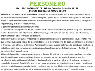 PERSONERO LEY 115 DEL 8 DE FEBRERO DE 1994:  Ley General de Educación. ART 94.  DECRETO 1860 DEL 3 DE AGOSTO DE 1994 Artículo 28. Personero de los estudiantes . En todos los establecimientos educativos el personero de los  estudiantes será un alumno que curse el último grado que ofrezca la institución encargado de promover el  ejercicio de los deberes y derechos de los estudiantes consagrados en la Constitución Política, las leyes los  reglamentos y el manual de convivencia. El personero tendrá las siguientes funciones: Promover el cumplimiento de los derechos y deberes de los estudiantes, para lo cual podrá utilizar los  medios de comunicación interna del establecimiento, pedir la colaboración del consejo de estudiantes,  organizar foros u otras formas de deliberación;  b) Recibir y evaluar las quejas y reclamos que presenten los educandos sobre lesiones a sus derechos y las  que formule cualquier persona de la comunidad sobre el incumplimiento de las obligaciones de los alumnos; c) Presentar ante el rector o el Director Administrativo, según sus competencias, las solicitudes de oficio o a  petición de parte que considere necesarias para proteger los derechos de los estudiantes y facilitar el  cumplimiento de sus deberes, y  d) Cuando lo considere necesario, apelar ante el Consejo Directivo o el organismo que sus haga veces, las  decisiones del rector respecto a las peticiones presentadas por su intermedio. El personero de los  estudiantes será elegido dentro de los treinta días calendario siguiente al de la iniciación de clases de un  período lectivo anual. Para tal efecto el rector convocará a todos los estudiantes matriculados con el fin de  elegirlo por el sistema de mayoría simple y mediante voto secreto. El ejercicio del cargo de personero de los  estudiantes es incompatible con el de representante de los estudiantes ante el Consejo Directivo.   