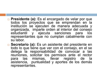    Presidente (a): Es el encargado de velar por que
    todos los proyectos que se emprendan en la
    institución se ejecuten de manera adecuada y
    organizada, imparte orden al interior del consejo
    estudiantil y ejecuta sanciones para los
    representantes que no cumplan cabalmente con
    su labor.
   Secretario (a): Es un asistente del presidente en
    todo lo que tiene que ver con el consejo, en el se
    delega la responsabilidad de convocar a las
    reuniones, solicitar los permisos ante el rector
    para las mismas, llevar registro de la
    asistencia, puntualidad y aportes de los demás
    representantes.
 