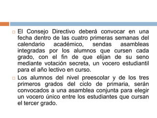    El Consejo Directivo deberá convocar en una
    fecha dentro de las cuatro primeras semanas del
    calendario    académico,      sendas  asambleas
    integradas por los alumnos que cursen cada
    grado, con el fin de que elijan de su seno
    mediante votación secreta, un vocero estudiantil
    para el año lectivo en curso.
   Los alumnos del nivel preescolar y de los tres
    primeros grados del ciclo de primaria, serán
    convocados a una asamblea conjunta para elegir
    un vocero único entre los estudiantes que cursan
    el tercer grado.
 