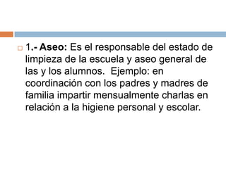    1.- Aseo: Es el responsable del estado de
    limpieza de la escuela y aseo general de
    las y los alumnos. Ejemplo: en
    coordinación con los padres y madres de
    familia impartir mensualmente charlas en
    relación a la higiene personal y escolar.
 