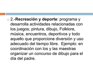    2.-Recreación y deporte: programa y
    desarrolla actividades relacionadas con
    los juegos, pintura, dibujo, Folklore,
    música, encuentros, deportivos y todo
    aquello que proporcione diversión y uso
    adecuado del tiempo libre. Ejemplo: en
    coordinación con los y las maestras
    organizar un concurso de dibujo para el
    día del padre.
 