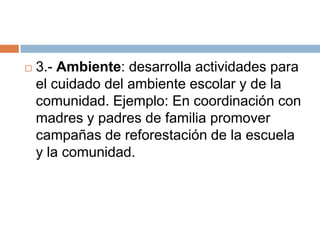   3.- Ambiente: desarrolla actividades para
    el cuidado del ambiente escolar y de la
    comunidad. Ejemplo: En coordinación con
    madres y padres de familia promover
    campañas de reforestación de la escuela
    y la comunidad.
 