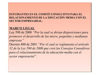 ESTUDIANTES EN EL COMITÉ CONSULTIVO PARA EL
RELACIONAMIENTO DE LA EDUCACIÓN MEDIA CON EL
SECTOR EMPRESARIAL.
MARCO LEGAL
Ley 590 de 2000 “Por la cual se dictan disposiciones para
promover el desarrollo de las micro, pequeñas y medianas
empresas”
Decreto 400 de 2001 “Por el cual se reglamenta el artículo
32 de la Ley 590 de 2000 que creó los Consejos Consultivos
para el relacionamiento de la educación media con el
sector empresarial”.
ESTUDIANTES EN EL COMITÉ CONSULTIVO PARA EL
RELACIONAMIENTO DE LA EDUCACIÓN MEDIA CON EL
SECTOR EMPRESARIAL.
MARCO LEGAL
Ley 590 de 2000 “Por la cual se dictan disposiciones para
promover el desarrollo de las micro, pequeñas y medianas
empresas”
Decreto 400 de 2001 “Por el cual se reglamenta el artículo
32 de la Ley 590 de 2000 que creó los Consejos Consultivos
para el relacionamiento de la educación media con el
sector empresarial”.
 