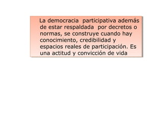 La democracia participativa además
de estar respaldada por decretos o
normas, se construye cuando hay
conocimiento, credibilidad y
espacios reales de participación. Es
una actitud y convicción de vida
La democracia participativa además
de estar respaldada por decretos o
normas, se construye cuando hay
conocimiento, credibilidad y
espacios reales de participación. Es
una actitud y convicción de vida
 