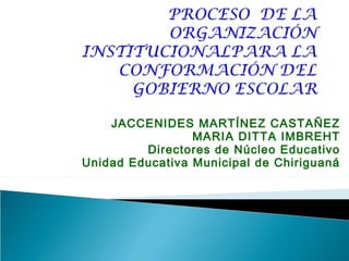 JACCENIDES MARTÍNEZ CASTAÑEZ
                 MARIA DITTA IMBREHT
         Directores de Núcleo Educativo
Unidad Educativa Municipal de Chiriguaná
 