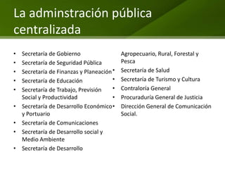 La adminstración pública
centralizada
•   Secretaría de Gobierno                  Agropecuario, Rural, Forestal y
•   Secretaría de Seguridad Pública         Pesca
•   Secretaría de Finanzas y Planeación •   Secretaría de Salud
•   Secretaría de Educación             •   Secretaría de Turismo y Cultura
•   Secretaría de Trabajo, Previsión    •   Contraloría General
    Social y Productividad              •   Procuraduría General de Justicia
•   Secretaría de Desarrollo Económico •    Dirección General de Comunicación
    y Portuario                             Social.
•   Secretaría de Comunicaciones
•   Secretaría de Desarrollo social y
    Medio Ambiente
•   Secretaría de Desarrollo
 
