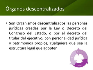 Órganos descentralizados

• Son Organismos descentralizados las personas
  jurídicas creadas por la Ley o Decreto del
  Congreso del Estado, o por el decreto del
  titular del ejecutivo, con personalidad jurídica
  y patrimonios propios, cualquiera que sea la
  estructura legal que adopten
 