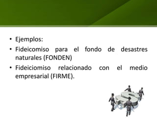 • Ejemplos:
• Fideicomiso para el fondo de desastres
  naturales (FONDEN)
• Fideiciomiso relacionado con el medio
  empresarial (FIRME).
 