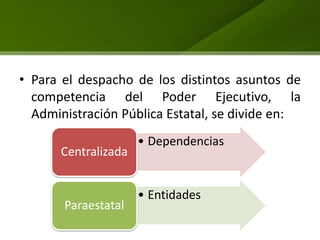• Para el despacho de los distintos asuntos de
  competencia del Poder Ejecutivo, la
  Administración Pública Estatal, se divide en:
                     • Dependencias
      Centralizada


                     • Entidades
       Paraestatal
 