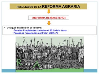 RESULTADOS DE LA REFORMA AGRARIA
«REFORMA DE MACETERO»
 Desigual distribución de la tierra:
Grandes Propietarios controlan el 55 % de la tierra.
Pequeños Propietarios controlan el 22,4 %
 