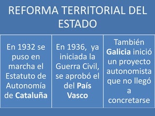 REFORMA TERRITORIAL DEL
ESTADO
En 1932 se
puso en
marcha el
Estatuto de
Autonomía
de Cataluña
En 1936, ya
iniciada la
Guerra Civil,
se aprobó el
del País
Vasco
También
Galicia inició
un proyecto
autonomista
que no llegó
a
concretarse
 