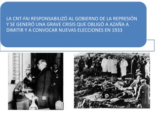 LA CNT-FAI RESPONSABILIZÓ AL GOBIERNO DE LA REPRESIÓN
Y SE GENERÓ UNA GRAVE CRISIS QUE OBLIGÓ A AZAÑA A
DIMITIR Y A CONVOCAR NUEVAS ELECCIONES EN 1933
 