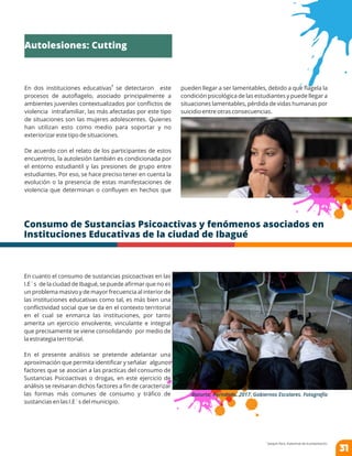 7
En dos instituciones educativas se detectaron este
procesos de autoﬂagelo, asociado principalmente a
ambientes juveniles contextualizados por conﬂictos de
violencia intrafamiliar, las más afectadas por este tipo
de situaciones son las mujeres adolescentes. Quienes
han utilizan esto como medio para soportar y no
exteriorizar este tipo de situaciones.
De acuerdo con el relato de los participantes de estos
encuentros, la autolesión también es condicionada por
el entorno estudiantil y las presiones de grupo entre
estudiantes. Por eso, se hace preciso tener en cuenta la
evolución o la presencia de estas manifestaciones de
violencia que determinan o conﬂuyen en hechos que
Consumo de Sustancias Psicoactivas y fenómenos asociados en
Instituciones Educativas de la ciudad de Ibagué
En cuanto el consumo de sustancias psicoactivas en las
I.E´s de la ciudad de Ibagué, se puede aﬁrmar que no es
un problema masivo y de mayor frecuencia al interior de
las instituciones educativas como tal, es más bien una
conﬂictividad social que se da en el contexto territorial
en el cual se enmarca las instituciones, por tanto
amerita un ejercicio envolvente, vinculante e integral
que precisamente se viene consolidando por medio de
la estrategia territorial.
En el presente análisis se pretende adelantar una
aproximación que permita identiﬁcar y señalar algunos
factores que se asocian a las practicas del consumo de
Sustancias Psicoactivas o drogas, en este ejercicio de
análisis se revisaran dichos factores a ﬁn de caracterizar
las formas más comunes de consumo y tráﬁco de
sustancias en las I.E´s del municipio.
7
Joaquín Paris, Exalumnas de la presentación.
pueden llegar a ser lamentables, debido a que ﬂagela la
condición psicológica de las estudiantes y puede llegar a
situaciones lamentables, pérdida de vidas humanas por
suicidio entre otras consecuencias.
Bazurto, Hernando. 2017. Gobiernos Escolares. Fotografía
Autolesiones: Cutting
31
 