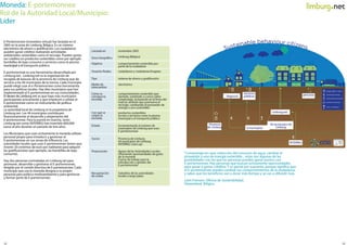 Limburg.net
INTERREG
Negocios
Servicios
públicos personas
Provincia
deLimburg 6municipios
44municipiosde
Limburg
"Compostajeencasa,reduccióndelconsumodeagua,cambiarel
proveedoraunodeenergíasostenible...estassonalgunasdelas
posibilidadesconlasquelaspersonaspuedenganarpuntoscon
E-portemonnee.Haypersonasquebuscanactivamenteoportunidades
paraganarygastarcréditos.Yesgenialporsupuesto,porquesignicaque
elE-portemonneepuedescambiarloscomportamientosdelaciudadanía,
ysabesquelosbeneciosvanadurarmástiempoysevanadifundirmás.
LLeenFrensen.O cinadeSostenibilidad.
Diepenbeel,Bélgica.
E-Portemonnee(monederovirtual)fuelanzadaenel
2005enlazonadeLimburg,Bélgica.Esunsistema
electrónicodeahorroygraticación.Losciudadanos
puedenganarcréditosrealizandoactividades
ambientalessosteniblescomoelreciclaje.Puedengastar
suscréditosenproductossosteniblescomoporejemplo
bombillasdebajoconsumooservicioscomolapiscina
municipaloeltmunicipaloeltransportepúblico.
E-portemonneeesunaherramientadesarrolladapor
Limburg.net.Limburg.neteslaorganizaciónde
recogidadebasurasdelaprovinciadeLimburgqueda
servicioalos44municipiosdelamisma.Cadamunicipio
puedeelegirusarele-Portemonneecomoherramienta
parasuspolíticaslocales.Haydiezmunicipiosquehan
implementadoelE-portemonneeensuscomunidades.
EldeseodeLimbuEldeseodeLimburg.netesquehayamásmunicipios
participandoactivamenteyqueempiecenautilizarel
E-portemonneecomouninstrumentodepolítica
ambiental.
LaautoridadlocaldeLimburgeslapropietariade
Limburg.net.Los44municipioscontribuyen
nancieramentealdesarrolloyalojamientodel
E-portemonnee.Paralapuestaenmarcha,tanto
Limburg.netcomoINTERREGhaninvertido600.000
eurosalañoduranteunperiododetresaños.
LLosMunicipiosqueusanactivamentelamonedautilizan
personalpropioparaintroducirygestionarel
E-portemonneeensuszonasdeinuencia.Las
autoridadeslocalesqueusanE-portemonneetienenque
invertir20centimosdeeuroporhabitanteparaadquirir
lasgraticaciones(porejemplo,lasbombillasdebajo
consumo).
HHaydospersonascontratadasenLimburg.netpara
promover,desarrollarygestionarelE-portemonnee,
dirigidoporelcomitédirectivodeE-portemonnee.Cada
municipioqueusalamonedadesignaasupropio
personalparapolíticamedioambientalyparagestionar
yformarpartedeE-portemonnee.
Moneda:E-portemonnee
RoldelaAutoridadLocal/Municipio:
Líder
 