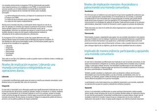 Participando
Enestenivel,laAutoridadLocal/Municipioestáimplicadaenusarlamonedacomunitaria,sindar
apoyonecesariamenteointegrarlaensusistema,peropuedeemitirlamonedacomounpremio
opago,ousarlaparacomprarservicios.UnaAutoridadLocal/Municipioenestenivelpuede
permitiralosresidentesonegociospagarporserviciosenlamonedasinponerlaencirculación
denuevo,convirtiéndolaenmonedaocial.
TTambién,puedenconsiderarsuimplicacióncomounadonaciónyofrecerserviciospoco
demandadosquesirvandeintercambioyusodelamoneda,asumiéndoloscomouna"no
ganancia",porejemplo,aceptarcréditosdetiempoparasesionesdenataciónenmomentosde
menosauenciadepúblicoenlaspiscinasmunicipales.
Laparticipaciónaestenivelproporcionaunavalidaciónimportanteaunamoneda,ampliando
susopcionesdeusoparalosusuariosydotandodeconanzaalproyecto.
Apoyando
IInclusosiunaAutoridadLocal/Municipionoquiereparticipardirectamente,todavíapueden
ofrecerayudaatravésdelapoyodelusodeunamoneda,dándolavalidezsinimplicacióndirecta.
Enesteniveldeparticipación,laAutoridadLocal/Municipionoesperaobtenerningúntipode
resultadoatravésdelamoneda.Apesardequeencomparaciónconlosotrosnivelesde
implicación,estaayudaesmenor,elapoyopuedeasegurarunacoberturabastanteimportante
Implicadodemaneraindirecta:participandoyapoyando
unamonedacomunitaria.
Asociándose
ElElroldesocioparaunGobiernoLocaseríaaquelenelqueestáenigualdaddecondicionesque
unaomásorganizacionescomprometidasconellanzamientodeunamoneda.Laautoridad
Local/Municipioenestenivelpuedequenohayapromovidolamoneda,peropuedeofrecer
ayudatécnicaparaelproyecto,comoporejemploenTIC(tecnologíasdelainformacióny
comunicación)oenestrategiasdecaptacióndefondos.Puedeasimismoayudarenlosprocesos
administrativos,desarrollaroinvertirenformaciónoasistiryapoyarenprocesosdeevaluación.
TTodasestasáreassonclaveenelcambiodeculturaorganizacionalyayudanaqueelpersonal
acojalainiciativa.
Patrocinando
PPatrocinandoungrupouorganizaciónparaoperarconunamonedacomunitariaesotramanera
paraqueelGobiernoLocalseimplique.Elpatrocinioesgeneralmente nancieroypuedeformar
partedeunfondointernacionalounaayudalocal.LaAutoridadLocal/Municipioaestenivel
puedepronunciarsesobrecómola nanciaciónsellevaráacabo,opueden nanciarlamoneda
paraconseguiralgunosdesusobjetivos,quedeotramaneraquedaríanfueradesualcance.
Nivelesdeimplicaciónmenores:Asociándoseo
patrocinandounamonedacomunitaria.
Liderando
LaAutoridadLocal/Municipiopuedeoptarporponerenmarchaunamonedacomunitaria,convir-
tiéndosetantoeneloperadorlídercomoenelpromotor.
Integrando
Enestenivel,laAutoridadLocaloMunicipiopuedeestarsignicativamenteimplicadoperosinser
elprincipalejecutordelproyecto,puedeporejemplo,integrarlamonedaensusistema,mediante
elpagoasusproveedoresconlamoneda,estipularsuusoenloscontratos,aceptarlamoneda
comounaformadepagodeimpuestosuofrecerpagarunaporcióndelsalarioasupersonalen
monedacomunitaria.Deestamanera,lamonedaseintegraenlaadquisiciónpúblicadebienesy
serviciosoenlaspolíticaspúblicasdeimpactoambiental.
Nivelesdeimplicaciónmayores:Liderandouna
monedacomunitariaointegrándolaensus
operacionesdiarias.
Estosrolesnoson josylosGobiernosLocalessepuedenmoverendistintosnivelesamedidaque
losprogramasavanzan.
•Liderando.
•Integrando.
•Asociándose.
•Patrocinando.
•Participando
•Apoyando.
Muchasdelasmonedasdescritasacontinuacióntienenimpactosenmásdeun
área.Porejemplo,lasmonedasquemejoranlaprestacióndeserviciosamenudo
tienentambiénimpactoenlareduccióndelaexclusiónsocialydelas
desigualdades.Asimismo,lasmonedasqueapoyanelcomerciolocalylasPYMES
tambiénabordanlareduccióndelimpactomedioambientalmediantela
relocalizacióndelascadenasdeproducciónydistribución.
EnelpEnelprogramaCCIA,losGobiernosLocaleshanjugadodiferentesroles,que
abarcandesdeelapoyodemonedashastaelliderazgodeproyectoscompletos.Se
handivididolosrolesquelasAutoridadesLocalesylosMunicipiospuedenjugaren
elcampodelasmonedasenlossiguientes:
1.Lademocratizacióndeserviciosylamejoraenlaasistenciaenlosmismos.
2.ElapoyoalasPYMES.
3.Lareduccióndelaexclusiónsocialylasdesigualdades.
4.Lareduccióndelimpactomedioambiental.
LasmonedaspertenecientesalprogramaCCIAhandemostradoquepueden
crearimpactospositivosenlaciudadanía,enlasPYMES,enlaprovisióndelos
serviciossocialesyenelmedioambiente.Sepuedearmardemanera
generalquelosimpactosdelasmonedashantenidocuatroresultados
principales:
 