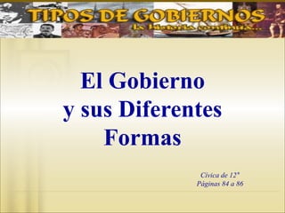 El Gobierno
y sus Diferentes
Formas
Cívica de 12°
Páginas 84 a 86
 