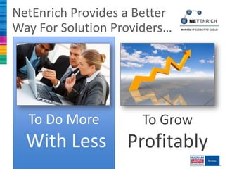 NetEnrich Provides a Better
     Way For Solution Providers…




       To Do More         To Grow
       With Less Profitably
10
 