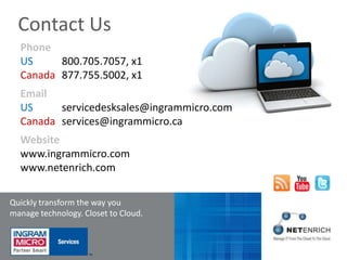 Contact Us
  Phone
  US     800.705.7057, x1
  Canada 877.755.5002, x1
  Email
  US     servicedesksales@ingrammicro.com
  Canada services@ingrammicro.ca
  Website
  www.ingrammicro.com
  www.netenrich.com

Quickly transform the way you
manage technology. Closet to Cloud.
 