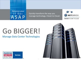 Advance your
        IT Ops        Quickly transform the way you

      ASAP            manage technology. Closet to Cloud.




Go BIGGER!
Manage Data Center Technologies
 