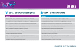 go bike
COTA - LOCAL DE INSCRIÇÕES COTA - ENTREGA DE KITS
Descrição
Empresa recebe em seu estabelecimento o local de inscrições do evento;
Menção do local de entrega e inscrições em lettering no VT de divulgação do evento;
Marca do apoiador em destaque nas camisetas dos participantes/organização;
Marca do apoiador nas mochilas dos participantes do evento;
Marca do apoiador em destaque no backdrop do evento;
Marca do apoiador nas medalhas de participação;
Menção da marca pelo locutor do evento;
Ações de merchandising por conta do apoiador (previamente acordadas
e aprovadas com a organização do evento);
Mailing dos participantes do evento no pós-venda.
Descrição
Empresa recebe em seu estabelecimento a entrega de kits do evento;
Divulgação do local de entrega de kits através do site globoesporte.com/go;
Marca do apoiador em destaque nas camisetas dos participantes/organização;
Marca do apoiador nas mochilas dos participantes do evento;
Marca do apoiador em destaque no backdrop do evento;
Marca do apoiador nas medalhas de participação;
Menção da marca pelo locutor do evento;
Ações de merchandising por conta do apoiador (previamente acordadas
e aprovadas com a organização do evento);
Mailing dos participantes do evento no pós-venda.
 