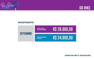 go bike
INVESTIMENTO
setembro
Cota Local
de inscrições
Cota ENTREGA
de KITS
R$ 28.000,00
R$ 24.000,00
 