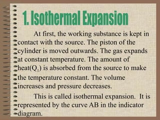 At first, the working substance is kept in
contact with the source. The piston of the
cylinder is moved outwards. The gas expands
at constant temperature. The amount of
heat(Q1) is absorbed from the source to make
the temperature constant. The volume
increases and pressure decreases.
This is called isothermal expansion. It is
represented by the curve AB in the indicator
diagram.
 