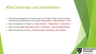 RDM Challenges and Stakeholders
 Good data management is fundamental to all stages of the research process
and should be established at the outset (Researchers + Data Librarian + Inst.)
 Data management for Open Sc. (Data Librarian + Researchers + Institutions)
 Data curation (Data Librarian/Curator + Institution + Govt./Funding Bodies)
 Data Sharing Policies (Govt., Funding bodies, Institutions, Prof. Bodies)
 