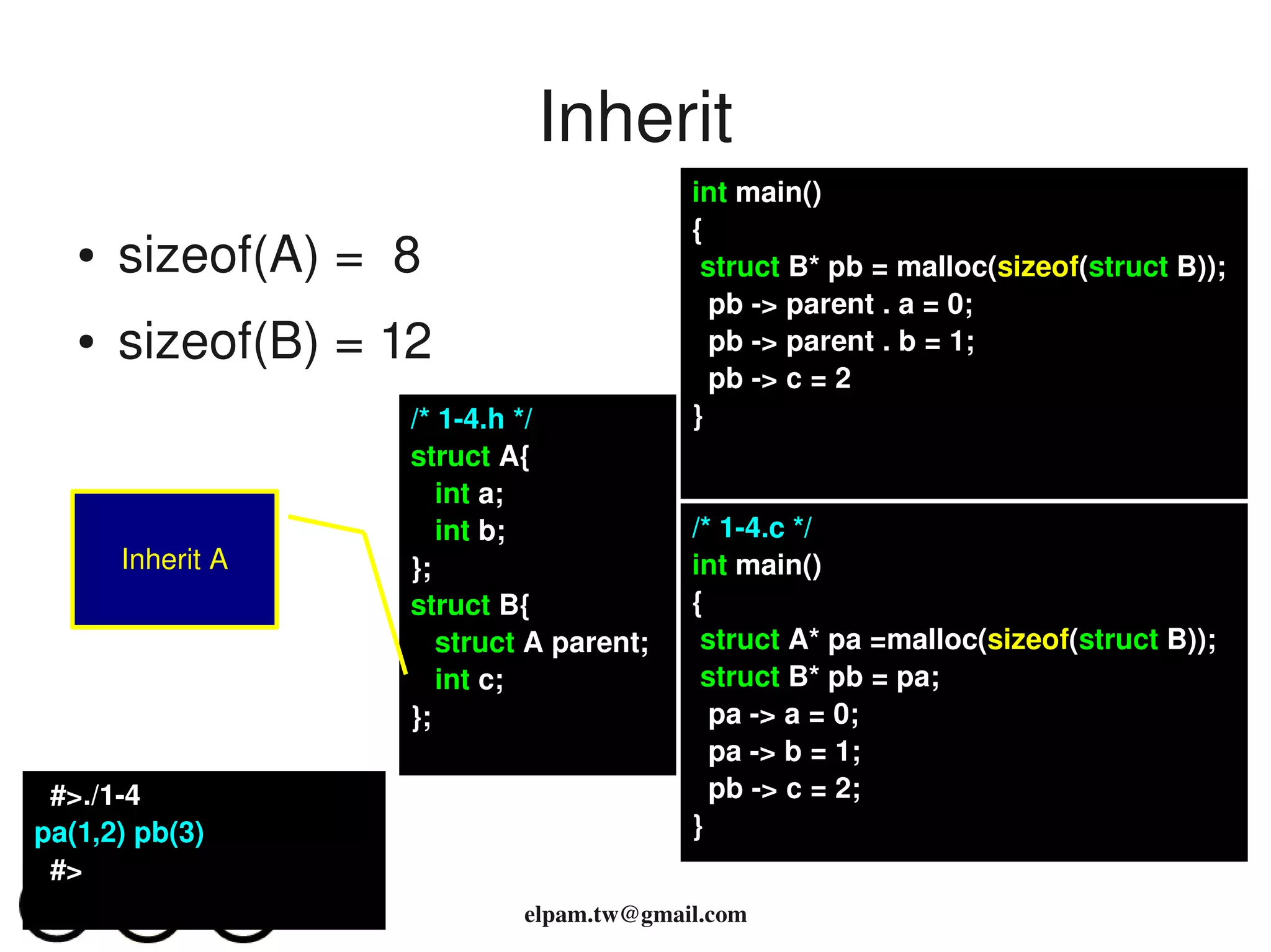 Inherit
                                          int main()
                                          {
   ●   sizeof(A) =  8                      struct B* pb = malloc(sizeof(struct B));
                                            pb ­> parent . a = 0;
   ●   sizeof(B) = 12                       pb ­> parent . b = 1;
                                            pb ­> c = 2
                    /* 1­4.h */           }
                    struct A{
                       int a;
                       int b;             /* 1­4.c */
       Inherit A    };                    int main()
                    struct B{             {
                       struct A parent;    struct A* pa =malloc(sizeof(struct B));
                       int c;              struct B* pb = pa;
                    };                      pa ­> a = 0;
                                            pa ­> b = 1;
  #>./1­4                                   pb ­> c = 2;
pa(1,2) pb(3)                             }
  #>
                             elpam.tw@gmail.com
 