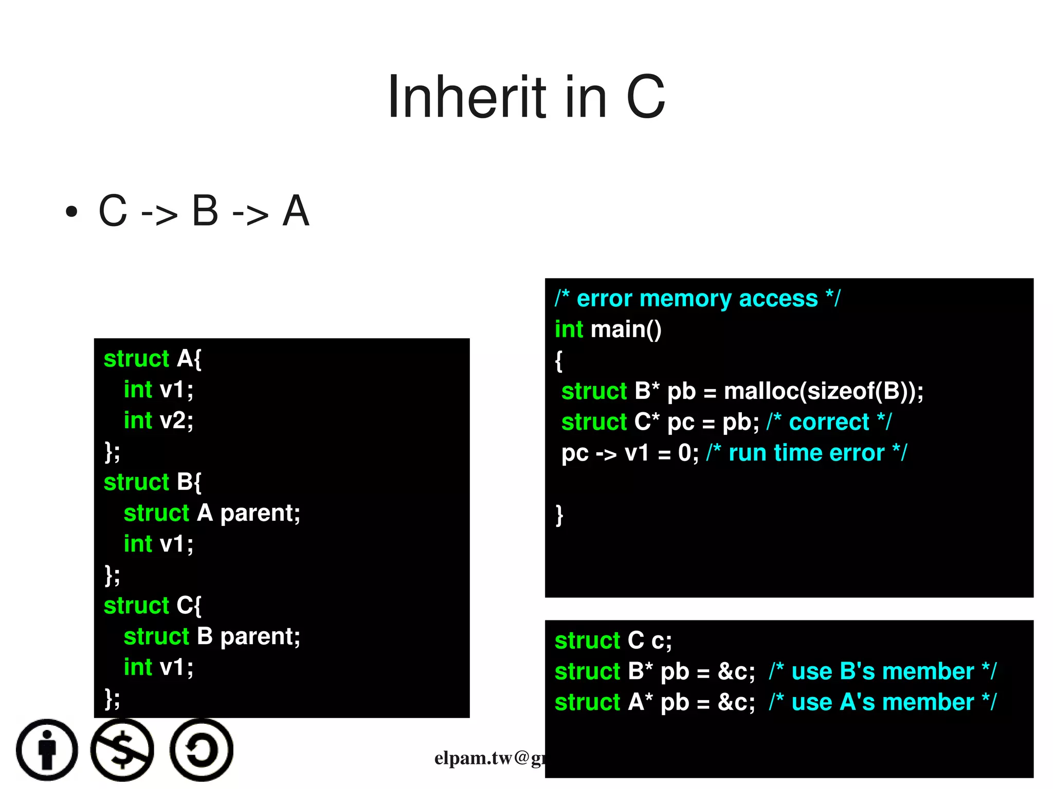 Inherit in C
●   C ­> B ­> A
                                       /* error memory access */
                                       int main()
    struct A{                          {
       int v1;                          struct B* pb = malloc(sizeof(B));
       int v2;                          struct C* pc = pb; /* correct */
    };                                  pc ­> v1 = 0; /* run time error */
    struct B{
       struct A parent;                }
       int v1;  
    };
    struct C{
       struct B parent;                struct C c;
       int v1;                         struct B* pb = &c;  /* use B's member */
    };                                 struct A* pb = &c;  /* use A's member */

                            elpam.tw@gmail.com
 