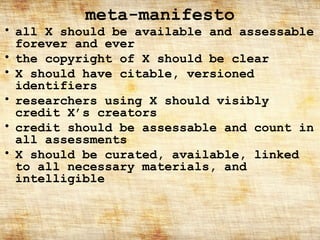 meta-manifesto
• all X should be available and assessable
forever and ever
• the copyright of X should be clear
• X should...