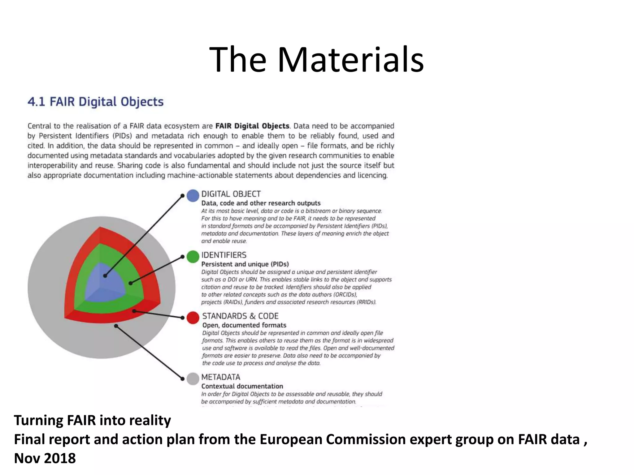 Turning FAIR into reality
Final report and action plan from the European Commission expert group on FAIR data ,
Nov 2018
The Materials
 