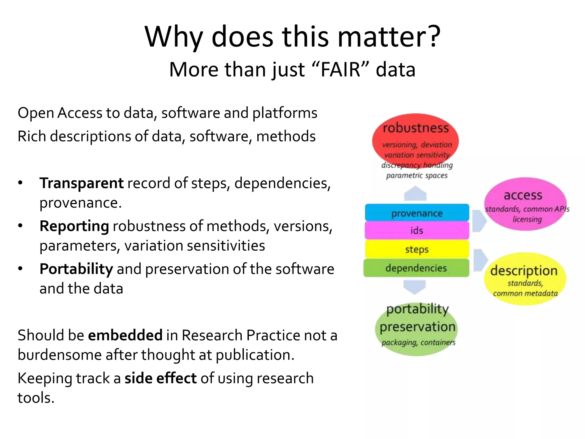 Why does this matter?
More than just “FAIR” data
Open Access to data, software and platforms
Rich descriptions of data, software, methods
• Transparent record of steps, dependencies,
provenance.
• Reporting robustness of methods, versions,
parameters, variation sensitivities
• Portability and preservation of the software
and the data
Should be embedded in Research Practice not a
burdensome after thought at publication.
Keeping track a side effect of using research
tools.
 