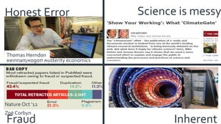 Honest Error Science is messy
Inherent
Reinhart/Rogoff Austerity economics
Thomas Herndon
Nature Oct ’12
Zoë Corbyn
Fraud
 