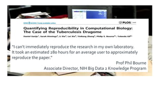 “I can’t immediately reproduce the research in my own laboratory.
It took an estimated 280 hours for an average user to approximately
reproduce the paper.”
Prof Phil Bourne
Associate Director, NIH Big Data 2 Knowledge Program
 
