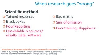 When research goes “wrong”
»Tainted resources
»Black boxes
»Poor Reporting
»Unavailable resources /
results: data, software
»Bad maths
»Sins of omission
»Poor training, sloppiness
https://www.sciencenews.org/article/12-reasons-research-goes-wrong (adapted)
Ioannidis, Why Most Published Research Findings Are False, August 2005
Joppa, et al,TroublingTrends inScientificSoftwareUseSCIENCE 340 May 2013
Scientific method
 