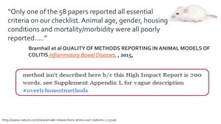 Bramhall et al QUALITY OF METHODS REPORTING IN ANIMAL MODELS OF
COLITIS Inflammatory Bowel Diseases, , 2015,
“Only one of the 58 papers reported all essential
criteria on our checklist. Animal age, gender, housing
conditions and mortality/morbidity were all poorly
reported…..”
http://www.nature.com/news/male-researchers-stress-out-rodents-1.15106
 