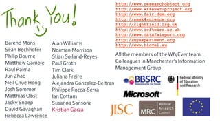All the members of the Wf4Ever team
Colleagues in Manchester’s Information
Management Group
http://www.researchobject.org
http://www.wf4ever-project.org
http://www.fair-dom.org
http://seek4science.org
http://rightfield.org.uk
http://www.software.ac.uk
http://www.datafairport.org
http://myexperiment.org
http://www.biovel.euAlanWilliams
Norman Morrison
Stian Soiland-Reyes
Paul Groth
Tim Clark
Juliana Freire
Alejandra Gonzalez-Beltran
Philippe Rocca-Serra
Ian Cottam
Susanna Sansone
Kristian Garza
Barend Mons
Sean Bechhofer
Philip Bourne
Matthew Gamble
Raul Palma
Jun Zhao
Neil Chue Hong
Josh Sommer
Matthias Obst
Jacky Snoep
David Gavaghan
Rebecca Lawrence
 