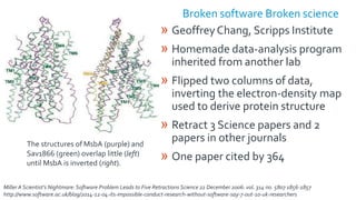 Broken software Broken science
» GeoffreyChang, Scripps Institute
» Homemade data-analysis program
inherited from another lab
» Flipped two columns of data,
inverting the electron-density map
used to derive protein structure
» Retract 3 Science papers and 2
papers in other journals
» One paper cited by 364
The structures of MsbA (purple) and
Sav1866 (green) overlap little (left)
until MsbA is inverted (right).
Miller A Scientist's Nightmare: Software Problem Leads to Five Retractions Science 22 December 2006: vol. 314 no. 5807 1856-1857
http://www.software.ac.uk/blog/2014-12-04-its-impossible-conduct-research-without-software-say-7-out-10-uk-researchers
 