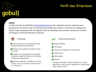 Perfil das Empresas	
  
:: Empresas
: Jovens (startups ou em andamento) com
grande potencial de crescimento;
- Empresa com excelentes margens brutas
de venda;
- Empresa com capacidade de crescimento
imeditado através do fomento com Créditos
de Estoques Multisetoriais
- Gestores atualizados a tendência social do
varejo, com o uso nacional de redes sociais
e e-commerce.
GoBull
A GoBull através do MultiRHO (www.multirho.com.br) tem analisado diversas empresas para
participarem do primeiro lote de empresas licenciadas para compra e recompra de estoques da
GoBull. Estas empresas serão divulgadas antes da realização das primeiras compras de Creditos
de Estoques. Perfil das Empresas e Setores:
:: Setores Econômicos
: Saúde & Beleza;
Tecnologia;
Varejo (com atuação no e-commerce);
Mídia Online;
Alimentação;
Veículos
Inovação Tecnológica, Mobile (Plataformas e Varejo
B2B e B2C), Redes Sociais (Plataformas e Varejo B2B
e B2C) dentre outros.
 