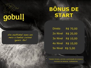 Um multinível novo em meio a!
tantas coisas iguais. Go!!
ID XXCCDIndicador: Pedro da Silva e Silva 75 Online
Direto
2o Nível
3o Nível
4o Nível
5o Nível
R$ 70,00
R$ 20,00
R$ 10,00
R$ 10,00
R$ 5,00
*Adesão Simples, permite a participação de compra e
recompra de estoques multisetoriais.
BÔNUS DE
START
Um multinível novo em!
meio a tantas coisas!
iguais. Go!!
 