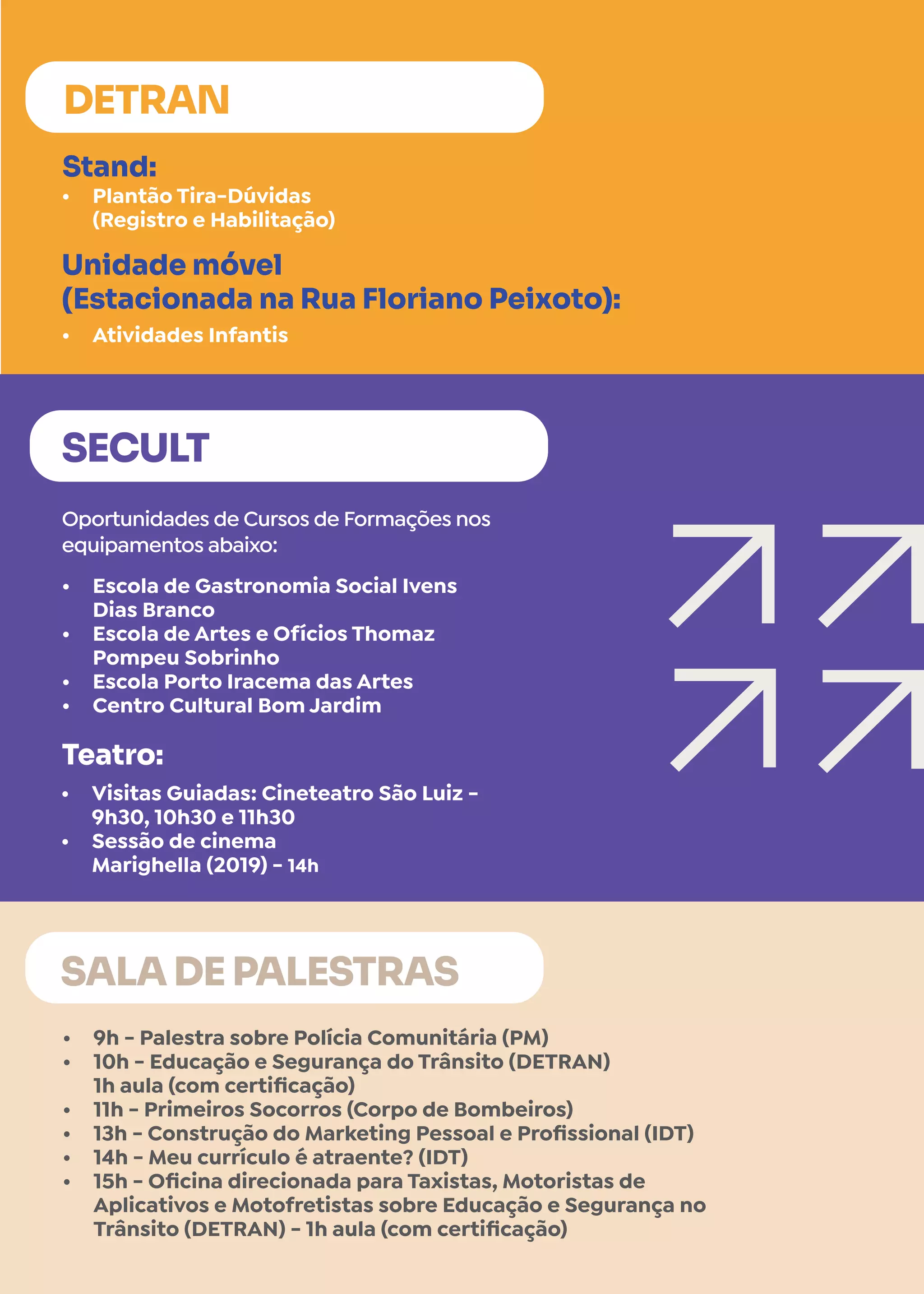 •	 Plantão Tira-Dúvidas
(Registro e Habilitação)
•	 Atividades Infantis
Stand:
Unidade móvel
(Estacionada na Rua Floriano Peixoto):
DETRAN
•	 9h - Palestra sobre Polícia Comunitária (PM)
•	 10h - Educação e Segurança do Trânsito (DETRAN)
1h aula (com certificação)
•	 11h - Primeiros Socorros (Corpo de Bombeiros)
•	 13h - Construção do Marketing Pessoal e Profissional (IDT)
•	 14h - Meu currículo é atraente? (IDT)
•	 15h - Oficina direcionada para Taxistas, Motoristas de
Aplicativos e Motofretistas sobre Educação e Segurança no
Trânsito (DETRAN) - 1h aula (com certificação)
SALA DE PALESTRAS
•	 Escola de Gastronomia Social Ivens
Dias Branco
•	 Escola de Artes e Ofícios Thomaz
Pompeu Sobrinho
•	 Escola Porto Iracema das Artes
•	 Centro Cultural Bom Jardim
SECULT
Oportunidades de Cursos de Formações nos
equipamentos abaixo:
•	 Visitas Guiadas: Cineteatro São Luiz -
9h30, 10h30 e 11h30
•	 Sessão de cinema
Marighella (2019) - 14h
Teatro:
 