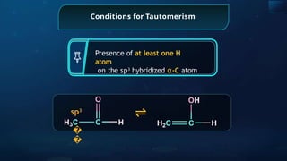 Conditions for Tautomerism
Presence of at least one H
atom
on the sp3
hybridized ⍺-C atom
�
�
sp3
⇌
 