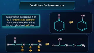 Conditions for Tautomerism
Tautomerism is possible if an
⍺, ẟ unsaturated carbonyl
compound contains a H at
its sp3
hybridised 𝛄-C atom.
⇌
OH
O
�
�
�
�
�
�
⇌
sp3
 