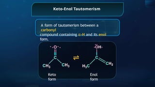 Keto-Enol Tautomerism
Keto
form
Enol
form
.
.
.
.
.
.
..
⇌
A form of tautomerism between a
carbonyl
compound containing ⍺-H and its enol
form.
 