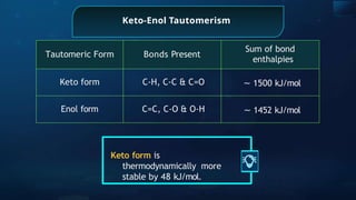 Keto-Enol Tautomerism
Tautomeric Form Bonds Present
Sum of bond
enthalpies
Keto form C-H, C-C & C=O ∼ 1500 kJ/mol
Enol form C=C, C-O & O-H ∼ 1452 kJ/mol
Keto form is
thermodynamically more
stable by 48 kJ/mol.
 