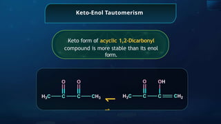 Keto-Enol Tautomerism
Keto form of acyclic 1,2-Dicarbonyl
compound is more stable than its enol
form.
↽
⇀
 