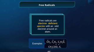 Free Radicals
Free radicals are
electron deﬁcient
species with an odd
electron around an
atom.
Examples
CH3
, C2
H5
, C2
H5
O,
CH3
COO, X,
 